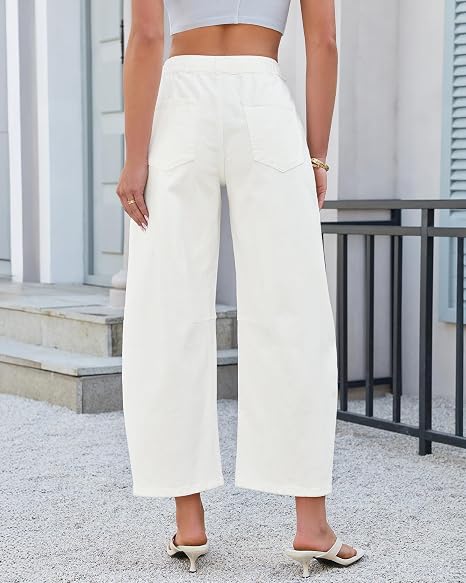 GRAPENT Barrel Jeans for Women Trendy High Waisted Cropped Baggy Wide Leg Pull On Elastic Waist Stretchy Denim Pants